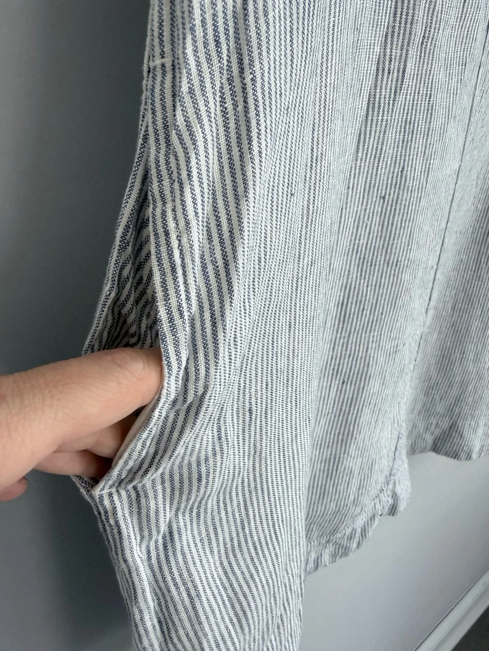 Quince 100% European Linen Popover Mini Dress Blue Pinstripe M Summer Pockets - Picture 11 of 15